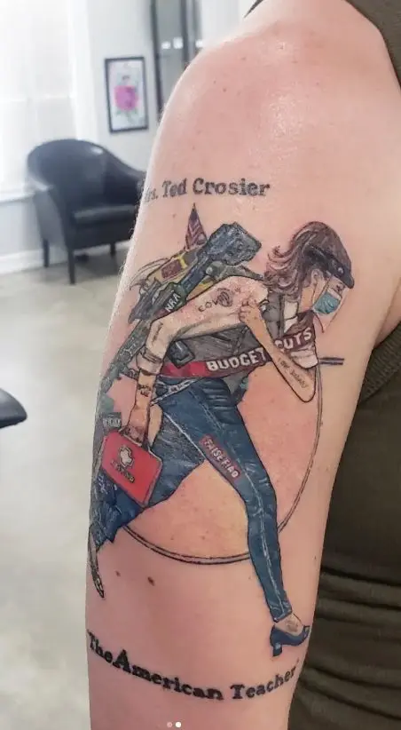AL Ablassia tattoo design on arm of teacher with many things representing how hard the job is