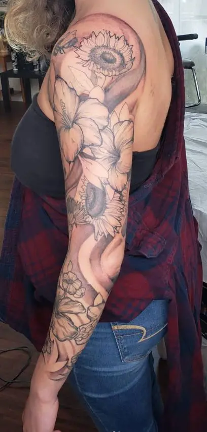 hand drawn black and gray sleeve of flowers and bees