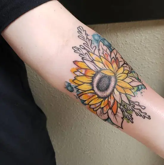 colorful rework tattoo design of sunflower with fixed lines and colors added