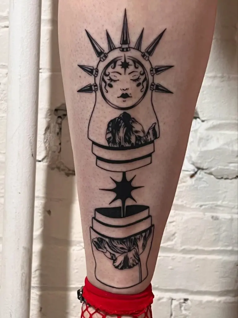 Ornamental blackwork figure on the forearm by Fae