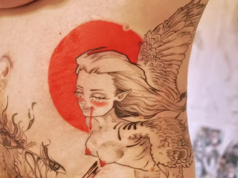 Art nouveau style figure with a red sun by Birdy Everhart