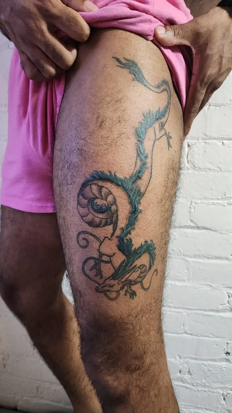 Black linework creature tattoo by Alex