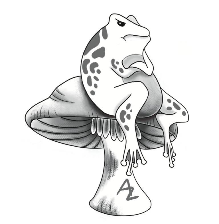 Alex Ziegler’s logo: a grumpy spotted frog sitting on a mushroom with the AZ mark on its stem