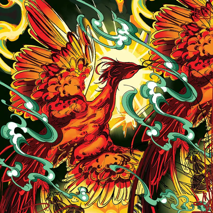 Original illustrative phoenix artwork by Birdy Everhart, in the sci-fi/fan-art statement style he tattoos